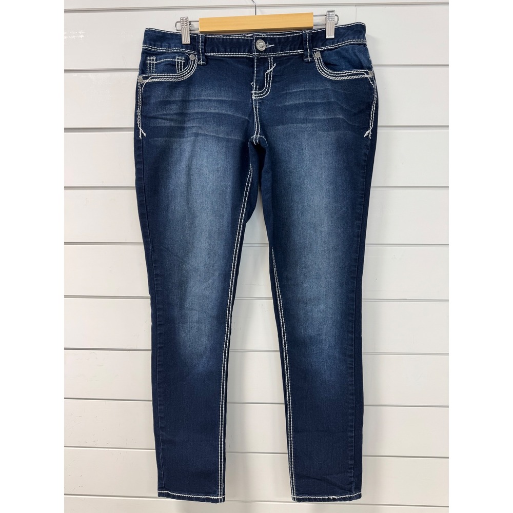 Maurices Dark Wash Skinny Jeans Thick Stitch Flap Pocket Denim Blue Womens L REG